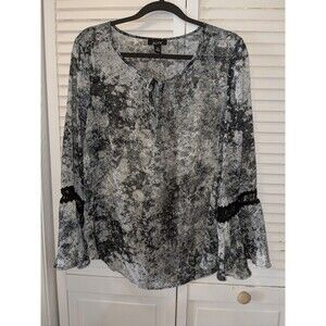 Alyx Boutique Black & Grey Marble Sheer Bell Sleeve Blouse XL Boho Western